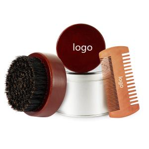 China Beechwood Brown Round Beard Brush Customize Logo Beard Comb Kit factory