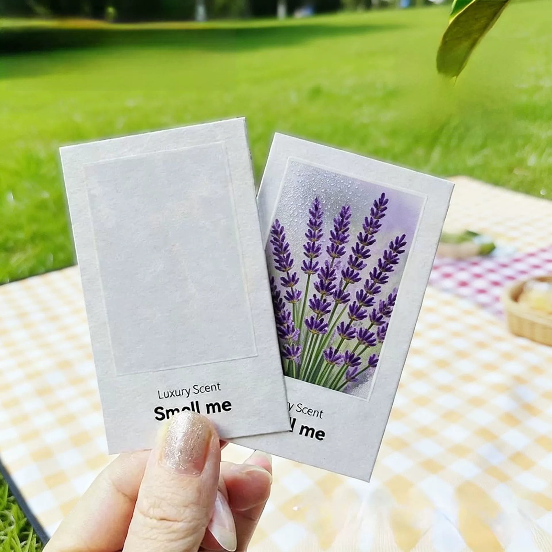 Detailed close-up of lavender scent testing paper strip showing texture and quality