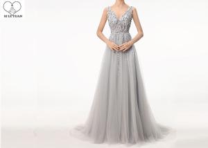 China Unique A Line Tulle Dress V Neck Sequin Beading Sweep Train Back Bandage factory