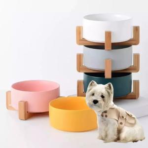 China Wholesale Manufacture Unique Dog Cat Food Bowl Ceramic Pet Feed Bowl With Wooden Stand Pet Food Drinking Bowl Dish factory