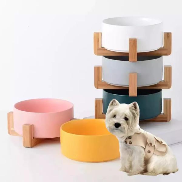 Wholesale Manufacture Unique Dog Cat Food Bowl Ceramic Pet Feed Bowl With Wooden