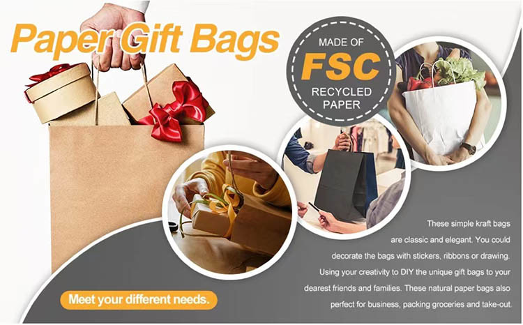 FSC Custom Promotional Plain Kraft Brown Paper Carrier Bags For Food Delivery
