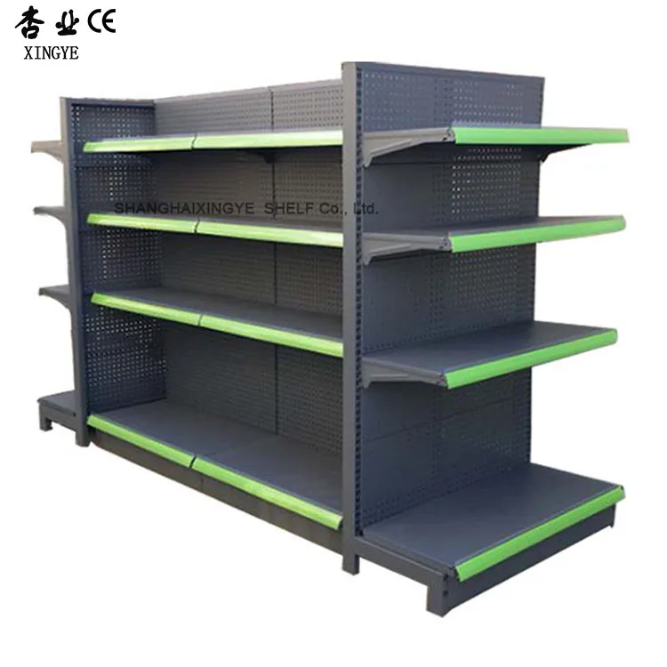 Factory custom color size metal display shelf racks grey gondola shelving