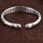 Women Sterling Silver Cuff Bracelet Engraved Fowers Blessings Retro Bangle