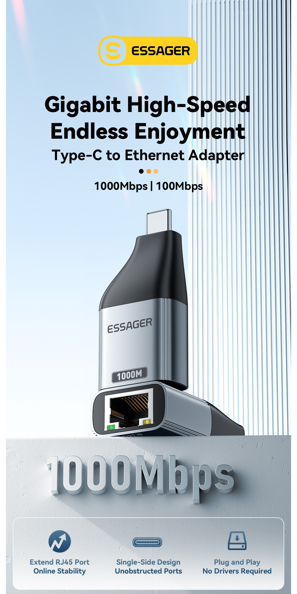 ESSAGER ES-OTG22 Series Type C USB C To Ethernet Adapter 100 1000 Mbps
