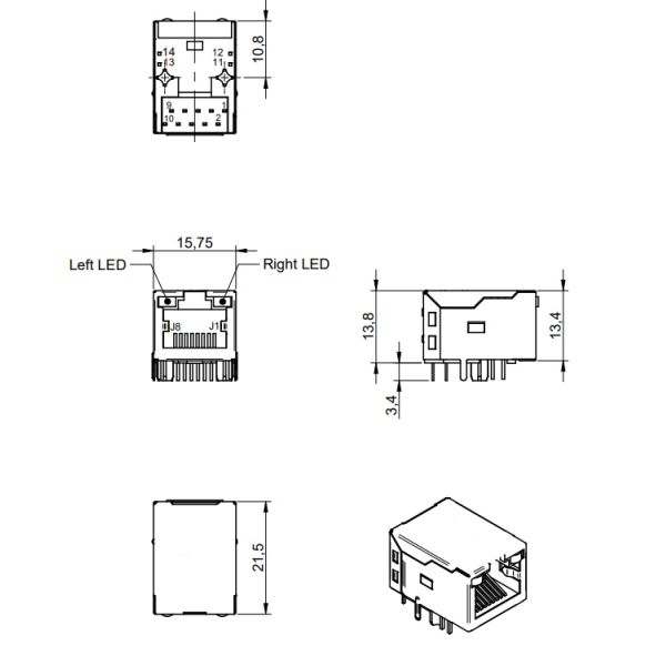 1000BASE-T RJ45 Connector With Integrated Transformer For IP Cameras 74991104404
