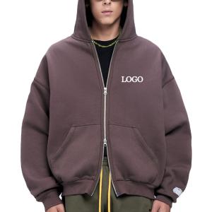 China Hooded Collar Printing Streetwear Brown Zip Up Crop Top Hoodie with 500 Gsm factory