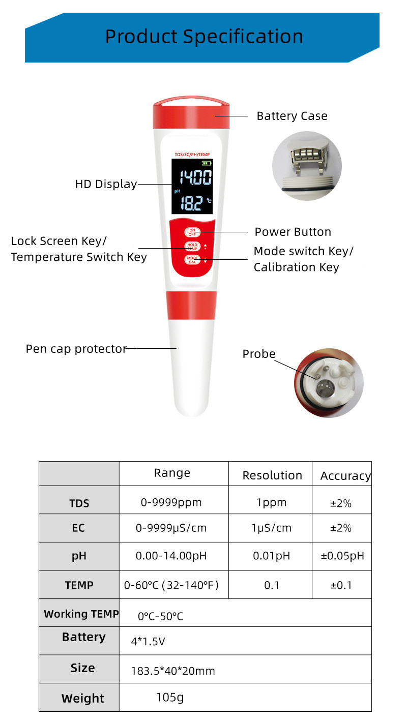 Multi-function PH/EC/TDS/TEMP Meter 4 in 1 Pen-Type Water Tester for Drinking Water Fast