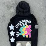 Rhinestone Black 3d Custom Puff Print Hoodie Pullover 100% Cotton Heavyweight
