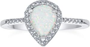 China Petite Gemstone Micro Pave CZ Halo Created White Opal Ring Pear Shape Teardrop factory
