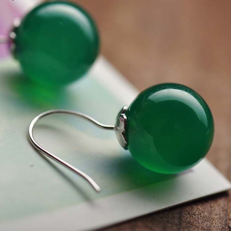 925 Sterling Silver Green Onyx Bead Dangle Earrings(011634GREEN)