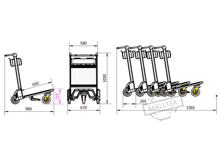 3 Wheels 250KG Airport Luggage Trolley Aluminum Alloy With Automatic Brake