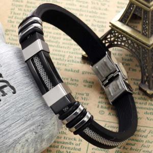 China Tagor Stainless Steel Jewelry Super Fashion Silicone Leather Bracelet Bangle TYSR086 factory