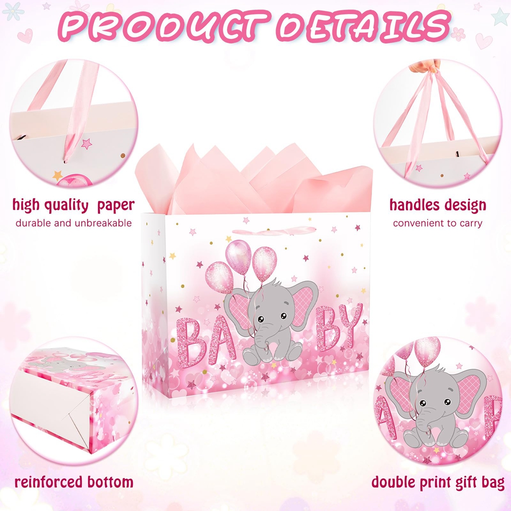 Foldable Large Eco Reusable Baby Girl Pink Cartoon Gift Carry Card Paper Shopping Bag