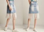 ODM OEM High Waisted Denim Skirt Tulle Mesh PatchedHem Light Indigo Jeans Wrap