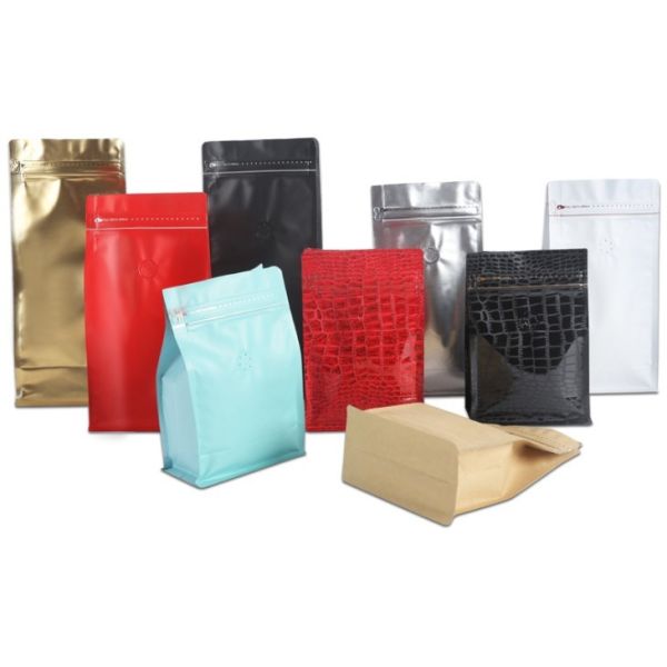 Eight-sided flat bottom black aluminum foil k bags stand up pouches with air valve for coffee bean