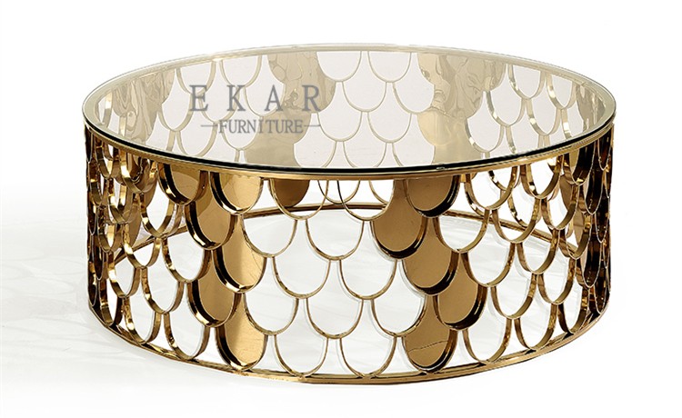New Model Fish Scales Decoration Round Golden Coffee Table