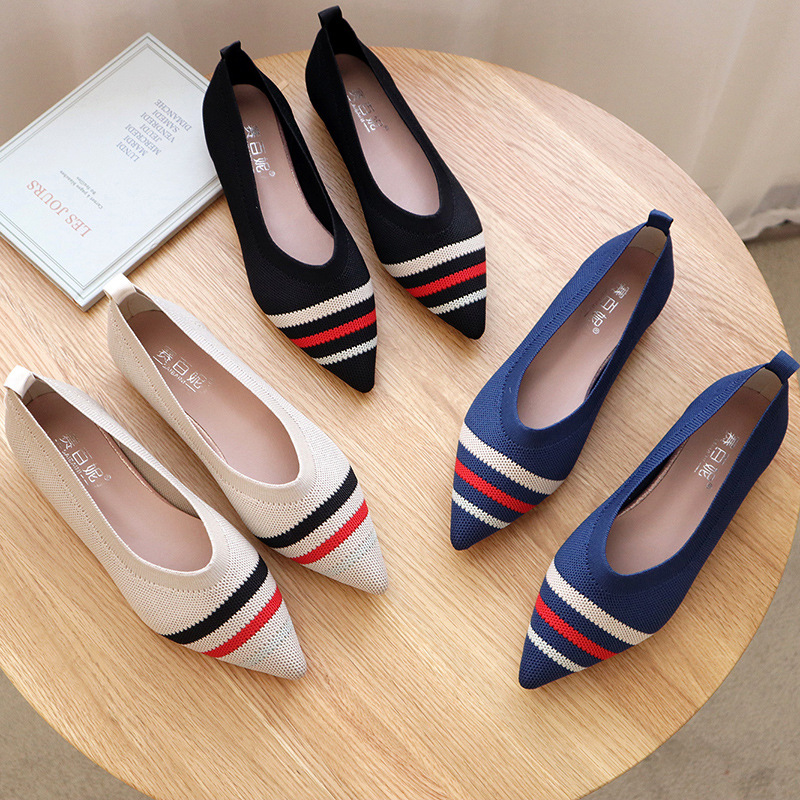3d Knitted Vamp Womens Flat Leather Shoes Modern Style Fashionable