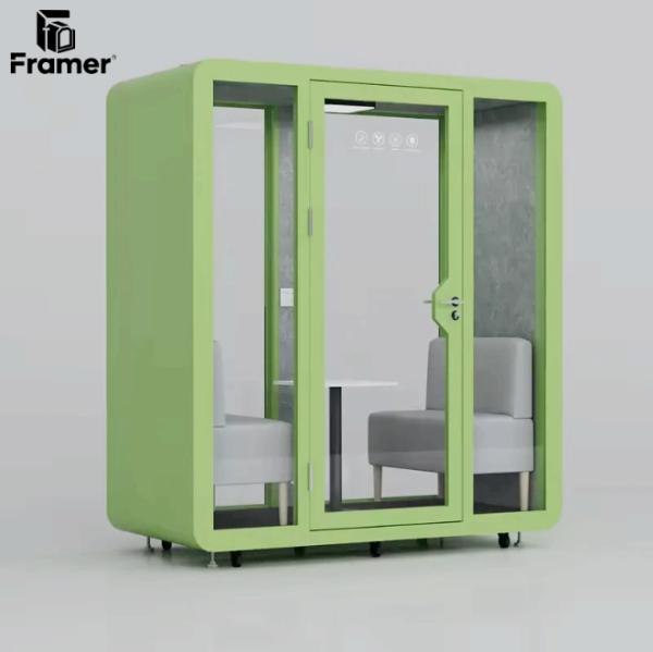 China Fully Enclosed Sound Proof Cabin Green / Blue Private Office Booth For Business Discussions And Focused factory