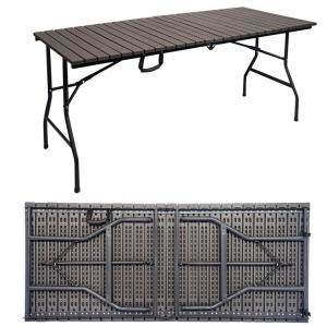China Metal Outdoor Foldable Portable Wood Grain HDPE Plastic Folding Beer Picnic Dining Table factory