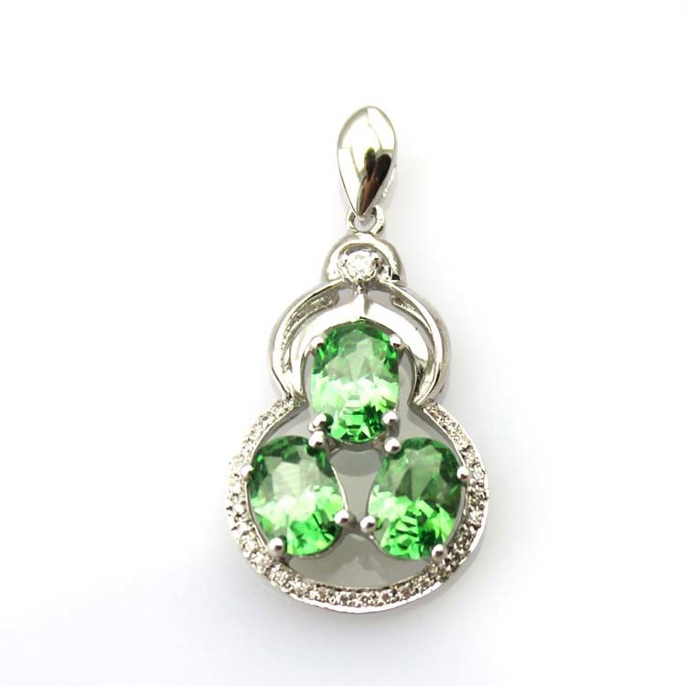 925 Silver Three Stones Green Clear Cubic Zircon Pendant Necklace (PSJ0377)