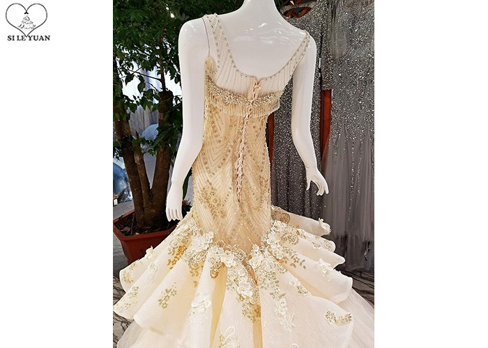 Puffy Tailor Made Prom Dresses / Champagne Fishtail Prom Dress Lace Flowers