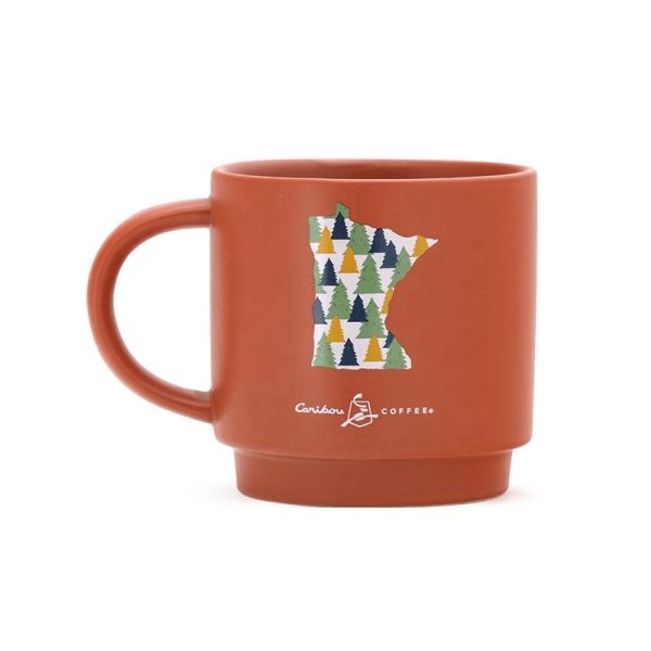 Eco friendly 12oz stoneware bulk ceramic travel mug blue red with custom decal pattern for gift