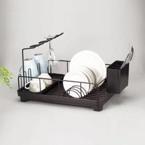 China Rustproof Black Metal Kitchen Dish Drying Wire Rack With Wine Glass Holder factory