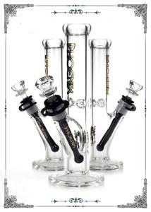 China 10&quot; Height Straight Tube Glass Bongs Percolator Water Pipe With Golden Logo factory