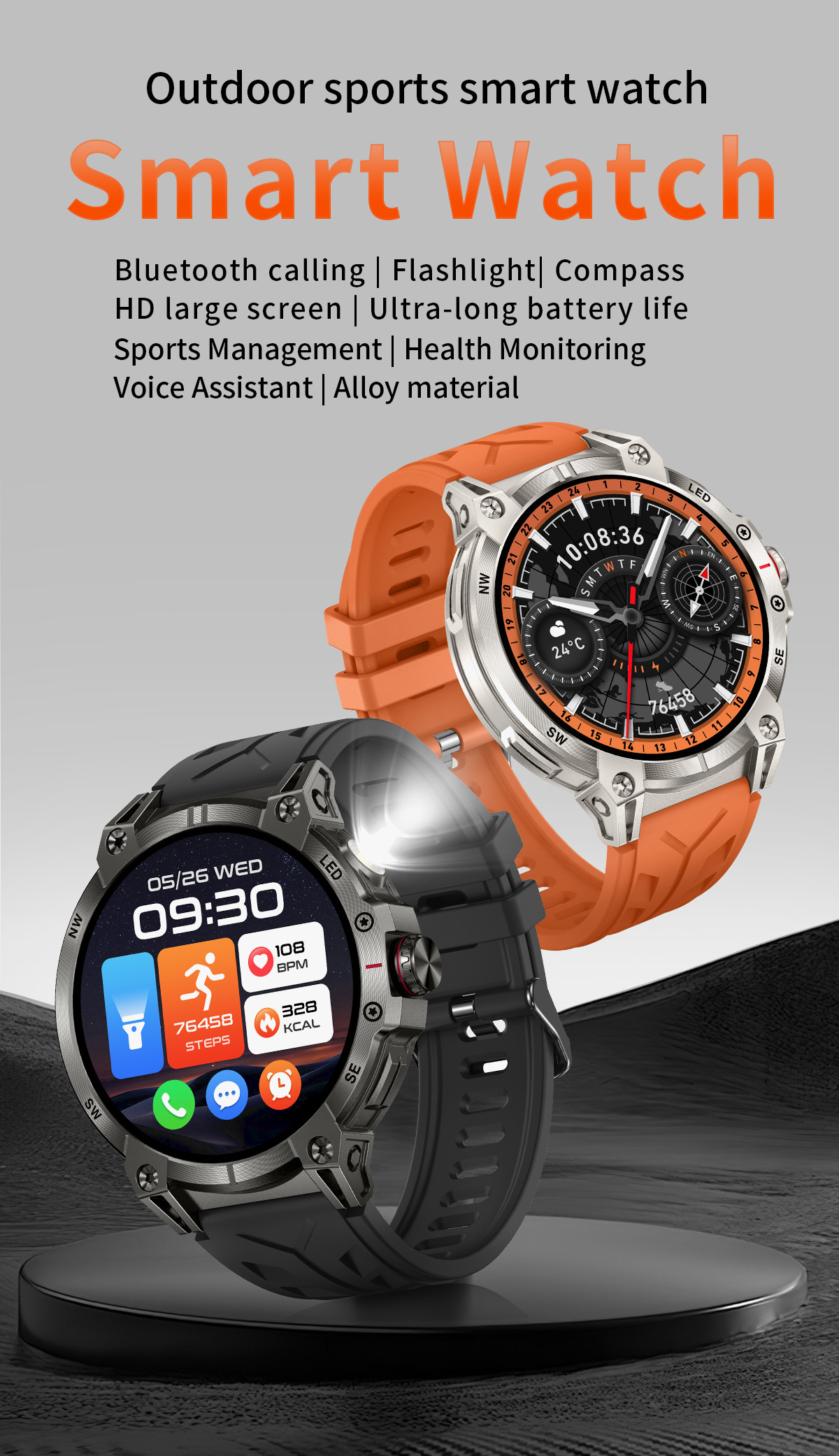 1.85" Rugged Smart Watch Touch Screen Bluetooth Calling Flashlight Compass