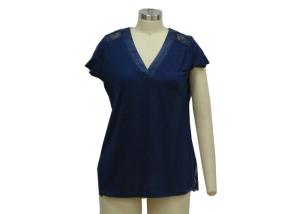 China Navy Blue V Neck Short Sleeve T Shirt , Plus Size Womens Dressy T Shirts Lace Shoulder factory
