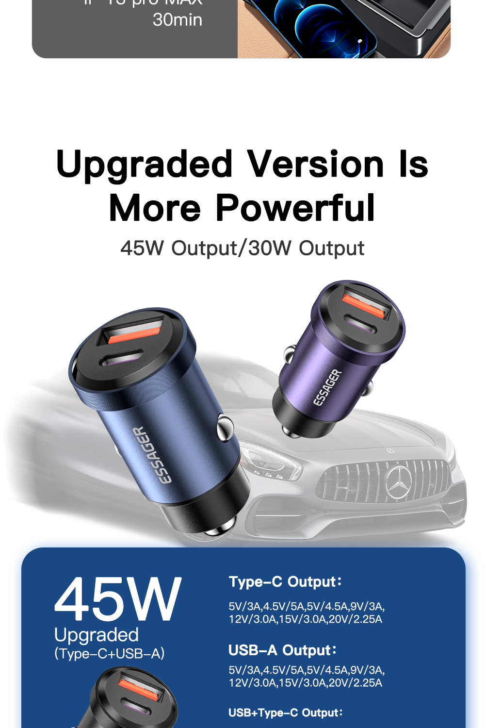 Essager 2022 Gyroscope New USB-A Type-C 30W 45W PD20W Mini Charger Car Charger