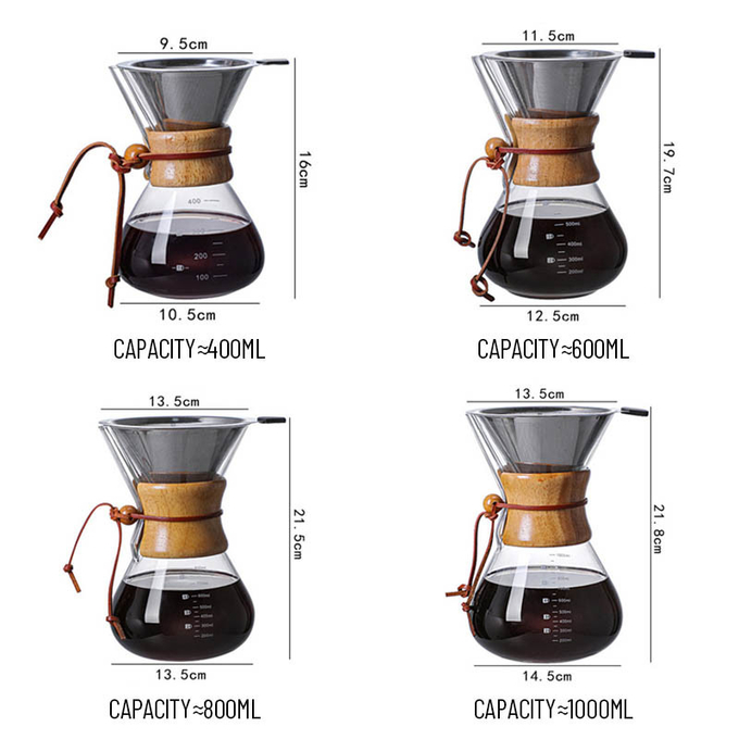 B2B Custom 400ml Glass Pour Over Coffee Brewer|Stainless Steel Filter&Wood Sleeve|Camping Brewing Pot