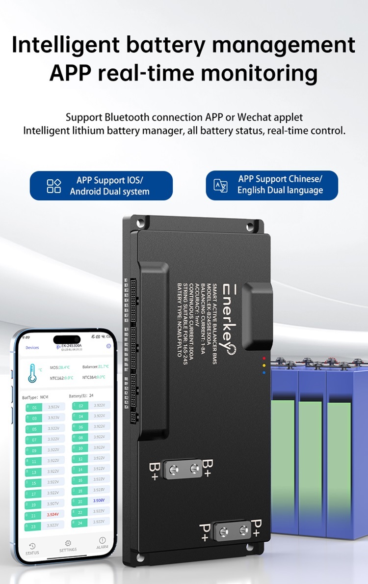 Enerkey BMS Protection Electric Vehicles Smart Bms 16S 17S 18S 19S 20S 21S 22S 23S 24S 100A 200A 300A with 8A Active Balance