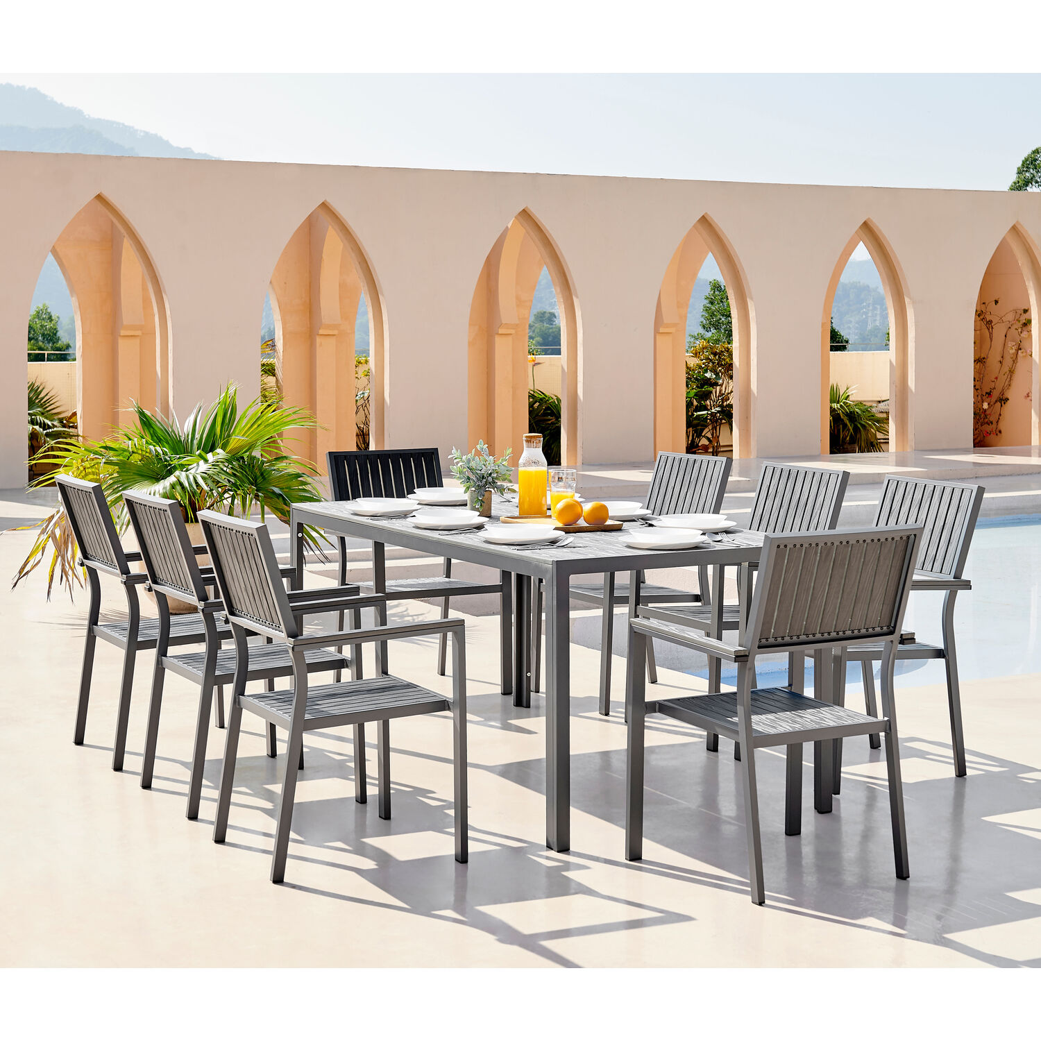 Aluminum Outdoor 8 Seat Dining Set Teak Wood Slatted Tabletop Dining Table Garden Set