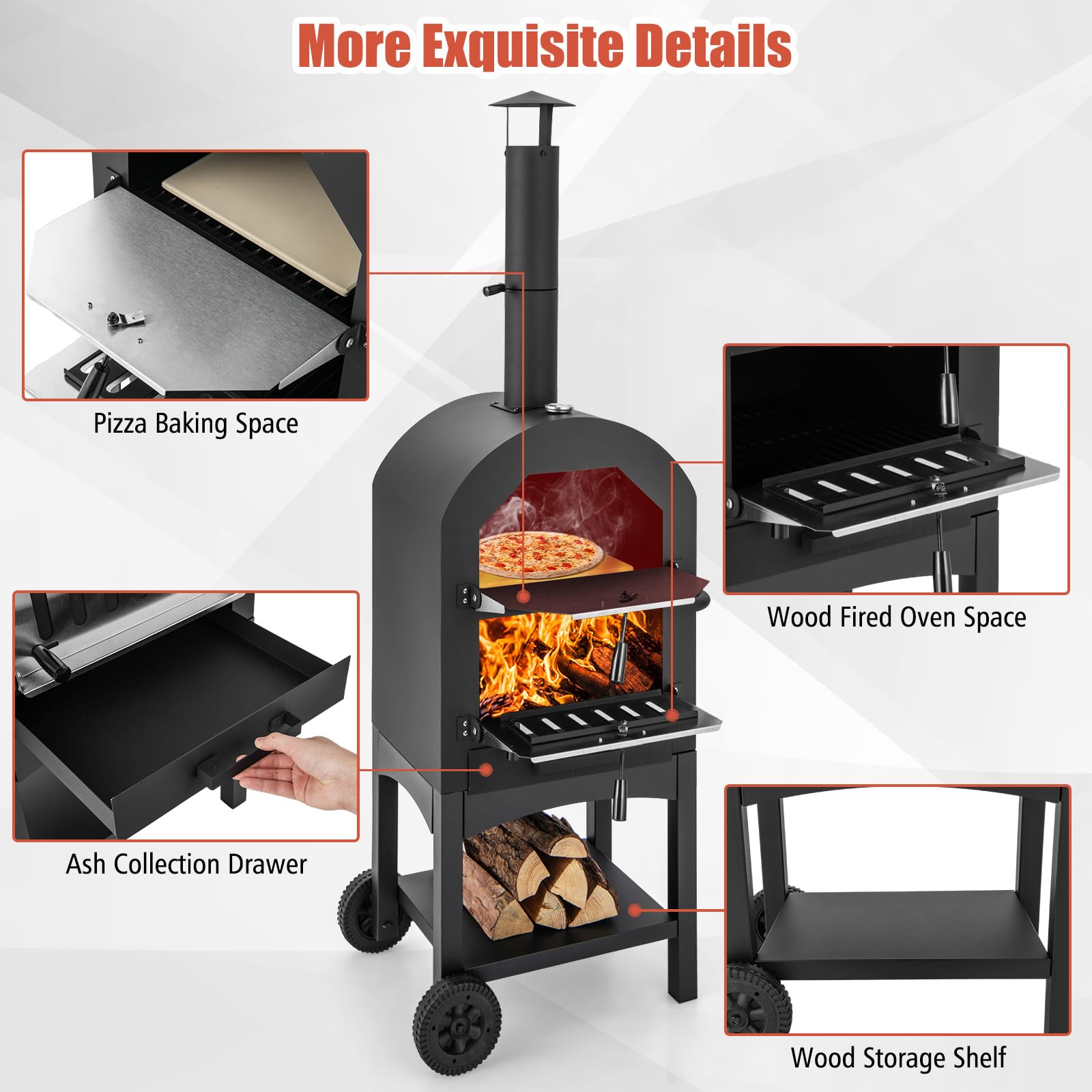 Outdoor Woodfired Charcoal Pizza Maker Trolley Grill with Pizza Stone and Waterproof Cover