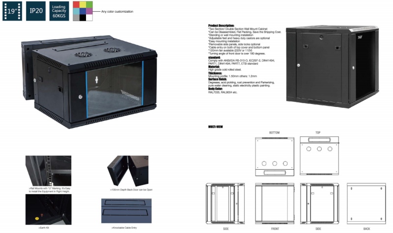 4U 6U 9U 12U 15U SPCC Sheet Metal Network Rack Wall Mounted Grid Door Storage Cabinet