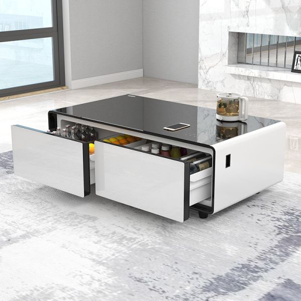 Built-in Fridge Speakers Refrigerator Table with Outlets LED Light Metal Glass