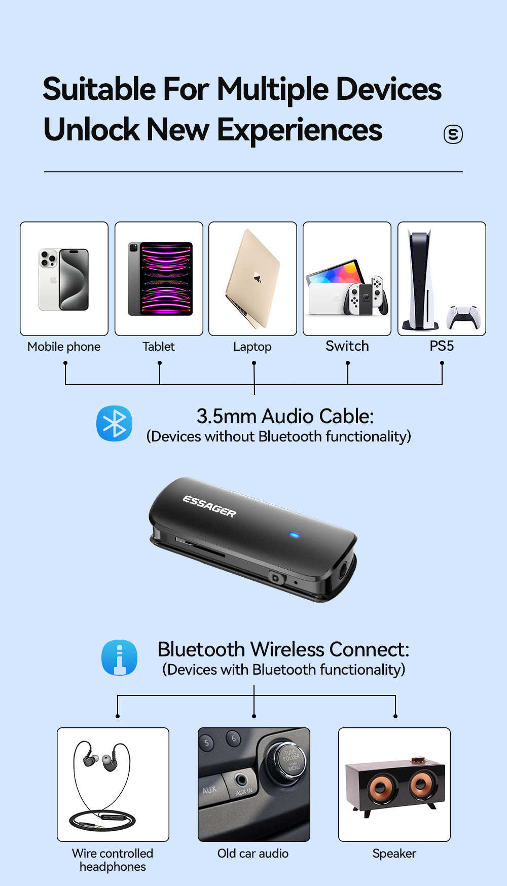 ESSAGER ES-BT09 Series Female Aux To Bluetooth Adapter 3.5mm 110mAh