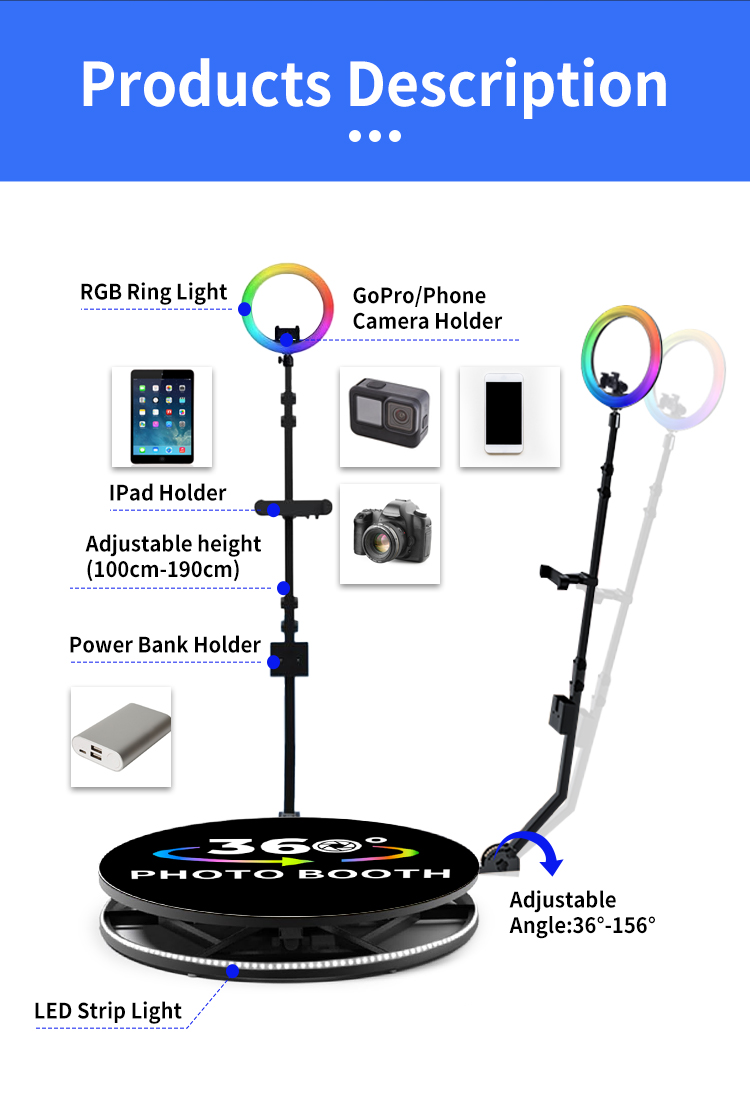 High Capacity 360 Photo Booth with Digital Backdrop Edit Software and Remote Control