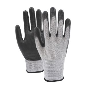 China 13 Gauge Polyester Polyurethane Palm Coated Gloves ANSI Level 5 Cut Resistant Gloves on sale
