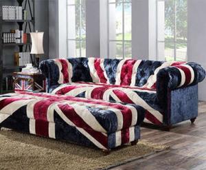China Union Jack PlushVelvet Chesterfield Sofa Couch With Matching Footstool factory