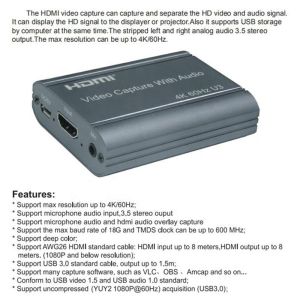 Professional 4K 60Hz HDMI To USB3.0 Video Capture Card With Audio Output And USB