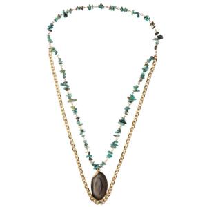 China Gray Agate Semi Precious Pendant Handmade Turquoise Beaded Chain Necklace Multi Layer factory