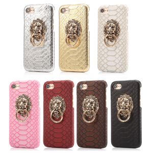 China Latest Hot Selling New Design Snake Skin Lion Head Ring Stander pu mobile phone case for iphone 8 factory
