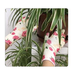 China Flower Print Polyester Good Grip PU Coated Work Gloves For Gardening And Farming factory