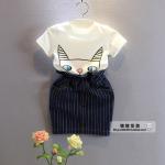 2016 Fashion Kid's Summer White Cat Top+Cute Blue stripe Skirt 2 PCS