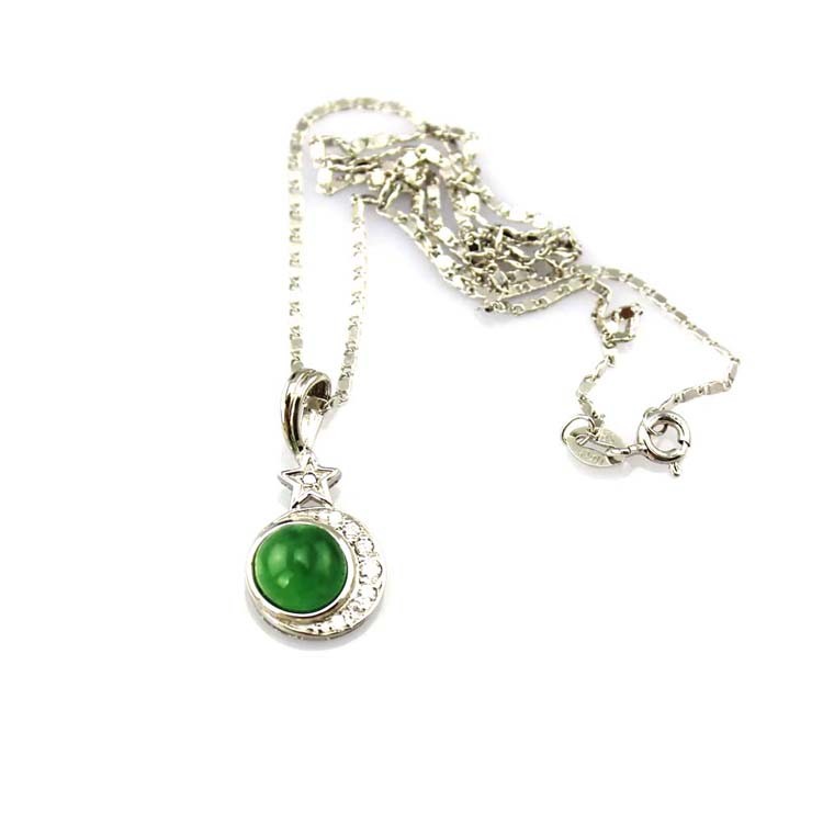 925 Silver 8mm Round Green Jade Cubic Zirconia Pendant Necklace (PSJ003)