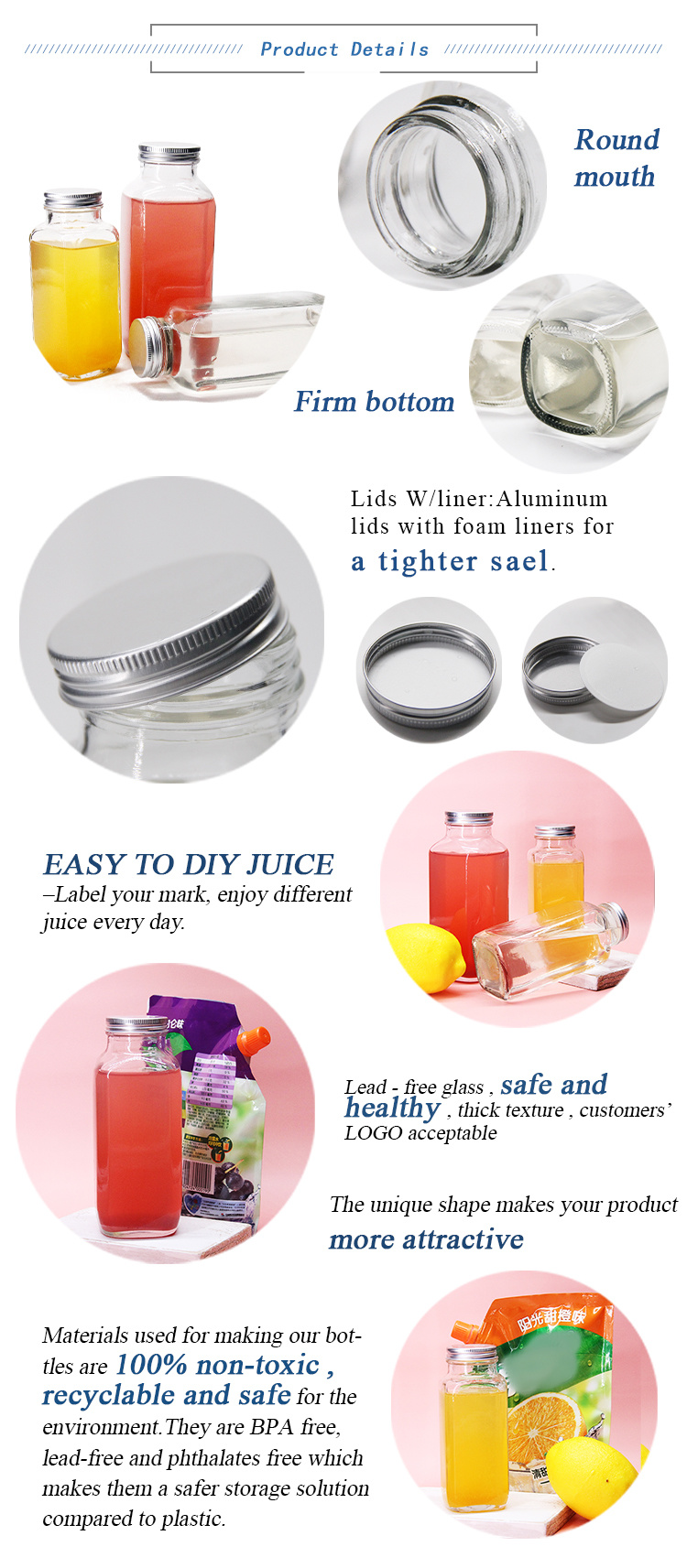 8oz 2oz 16oz French Square Juice Glass Bottles Packaging for Beverage with Plastic Screw Cap