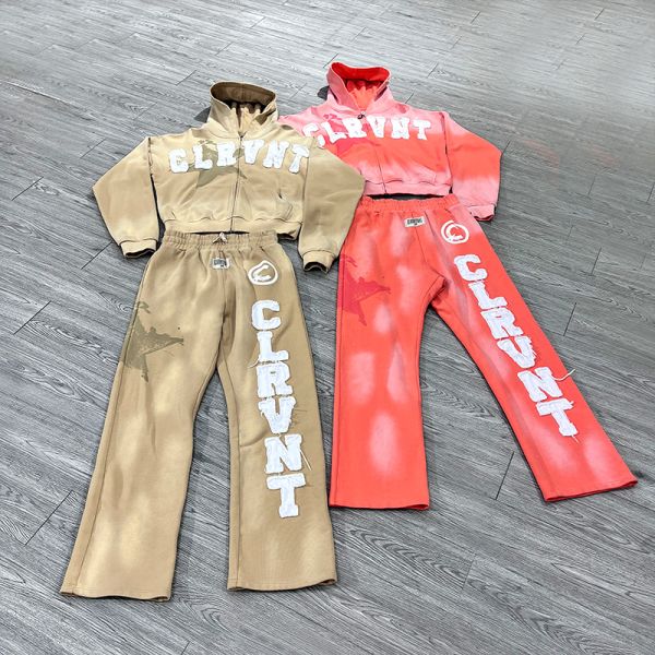 Custom Streetwear Applique Distressed Embroidery Patches Sun Faded Zip Up Hoodie Set Tracksuit Sweatpants Joggers Set